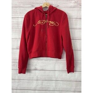 ED HARDY Dragon Zip Up Logo Hoodie Sweatshirt in Red Size MEDIUM